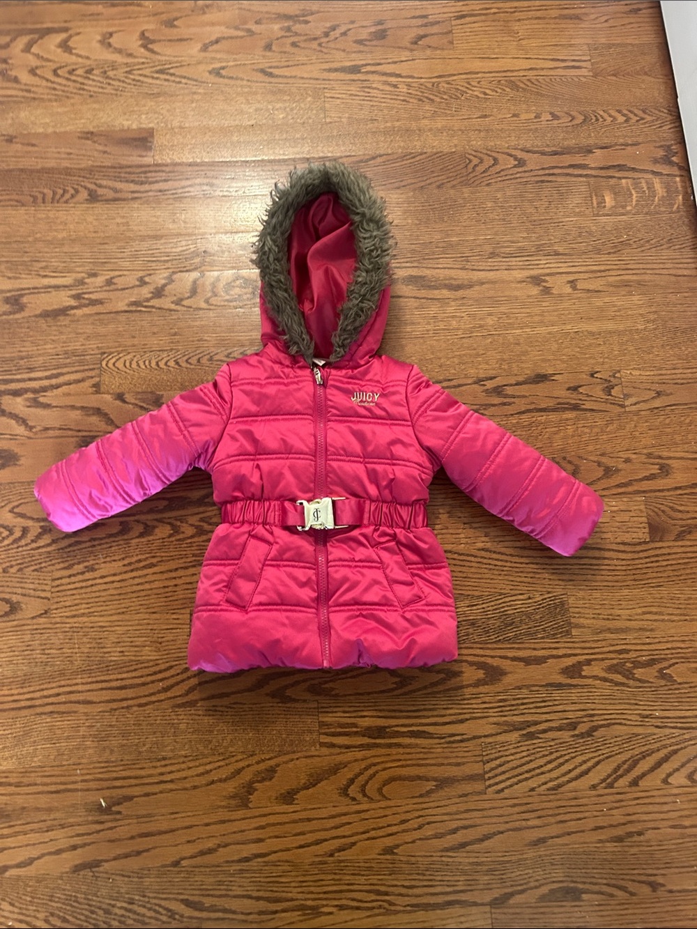 Juicy Couture Hot Pink Puffer Coat with Faux Fur Hood